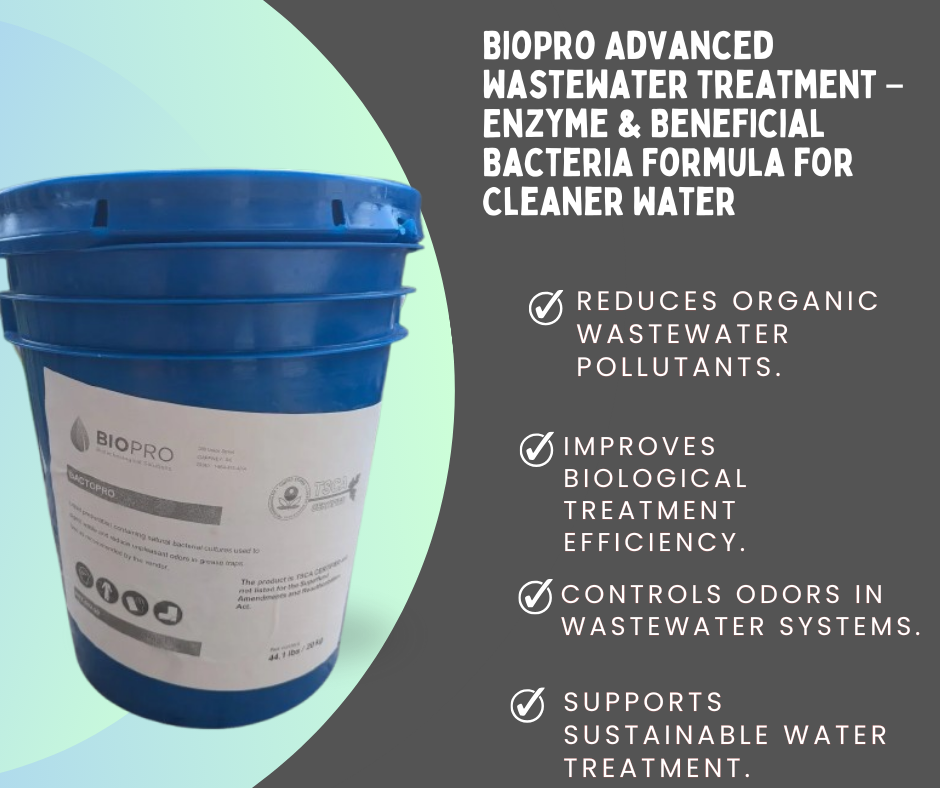 Wastewater treatment plant with circular tanks promoting BioPro enzyme and beneficial bacteria formula for cleaner water