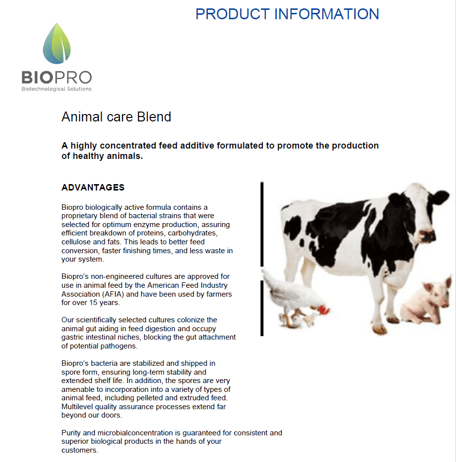 Biopro Solutions cattle feed supplement with probiotics for healthy digestion and better milk production
