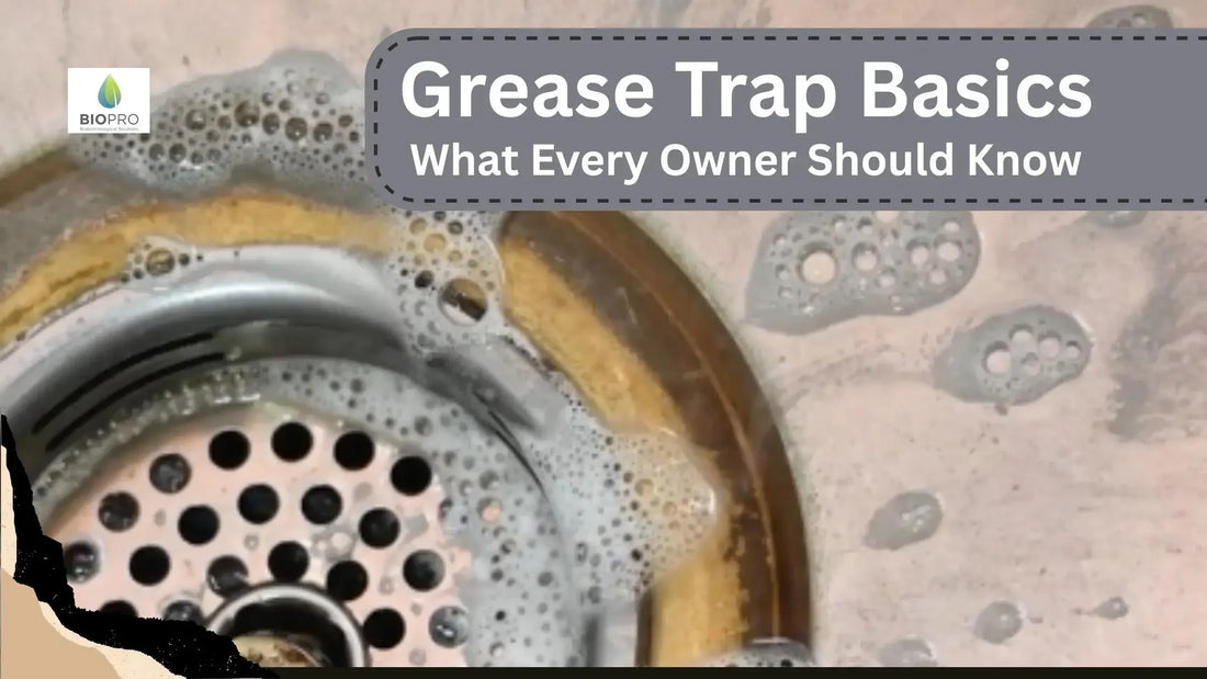 Close-up of a greasy kitchen sink drain with soap suds and the text 'Grease Trap Basics What Every Owner Should Know'