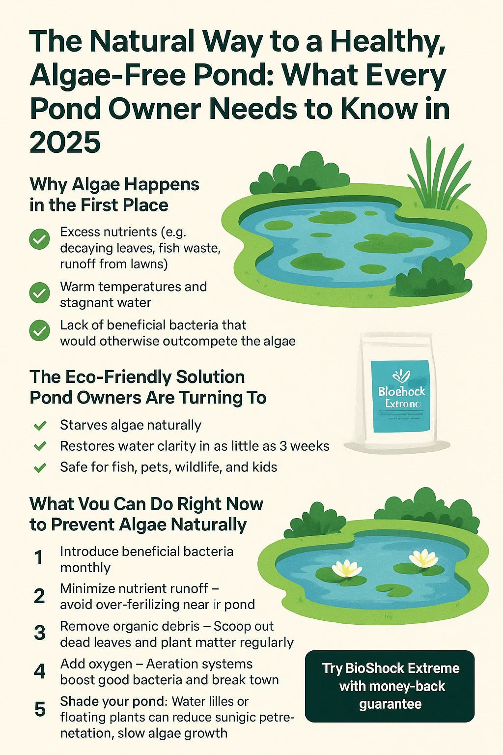 Infographic on natural algae-free pond care in 2025, causes of algae, eco-friendly solution, and prevention tips