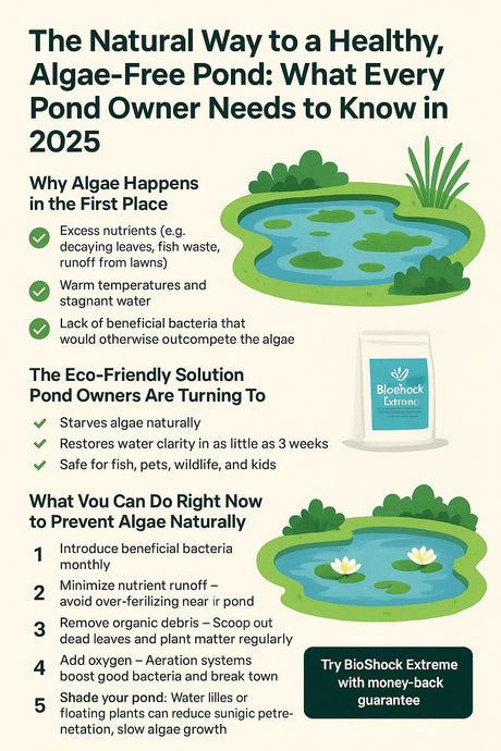Infographic on natural algae-free pond care in 2025, causes of algae, eco-friendly solution, and prevention tips