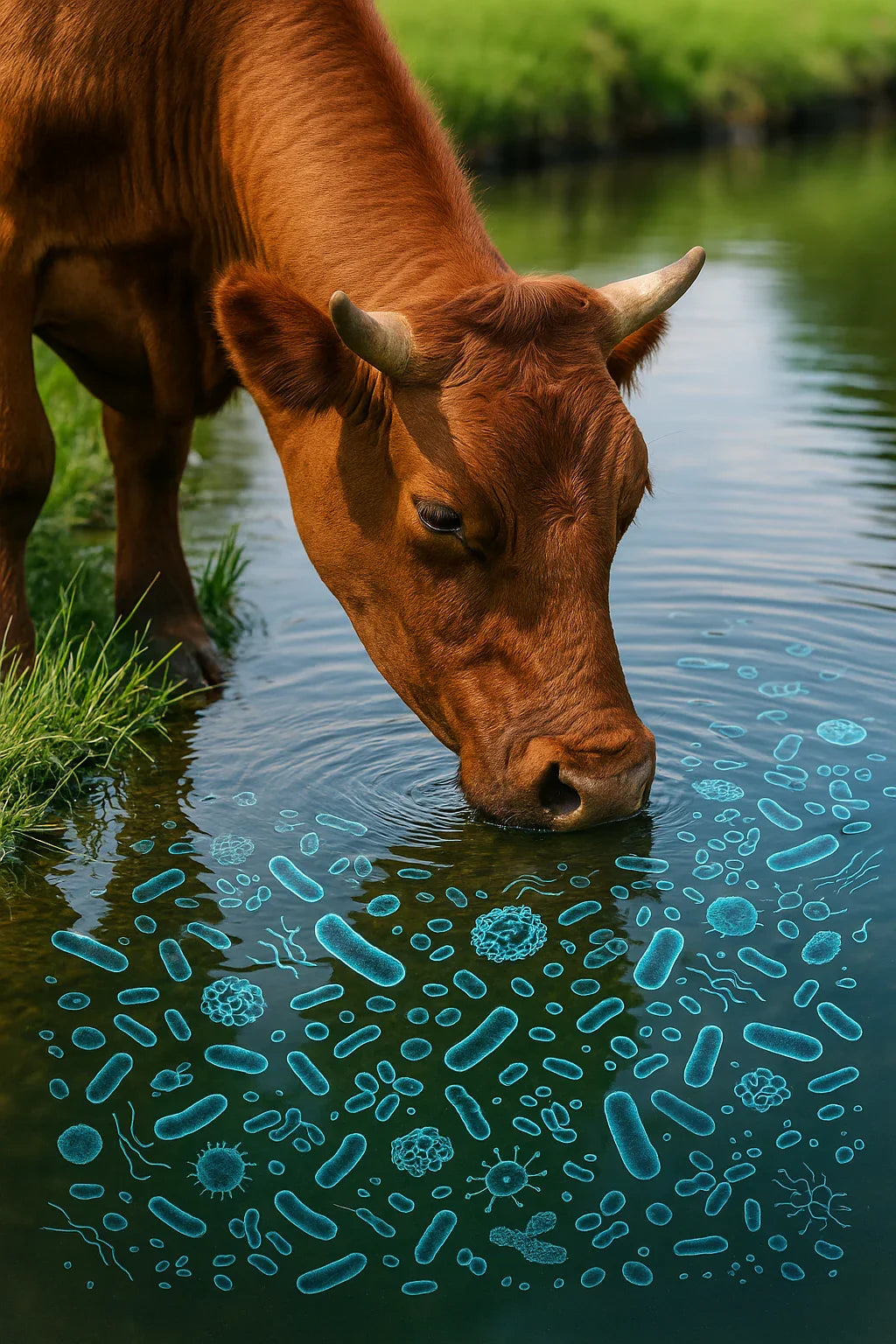 Brown cow drinking pond water with illustrated blue probiotics and microbes in natural outdoor setting