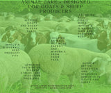 Herd of goats and sheep grazing on green pasture with animal care benefits text overlay