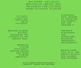 BactoPro advanced biological grease trap treatment benefits on green background, eco-friendly formula, reduces sludge, improves system efficiency