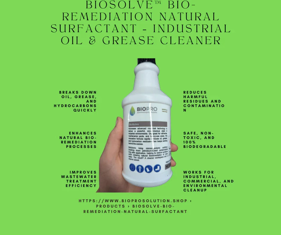 Hand holding BioSolve Bio-Remediation Natural Surfactant bottle for industrial oil and grease cleaning