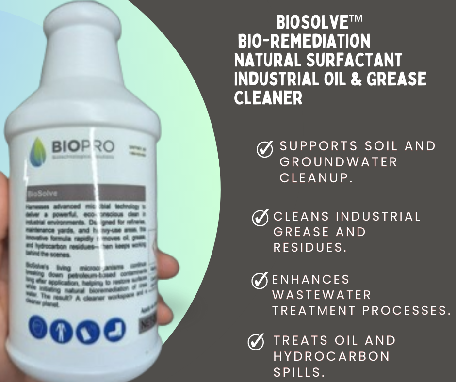 Biosolve industrial oil and grease cleaner bottle with product details on a gray background