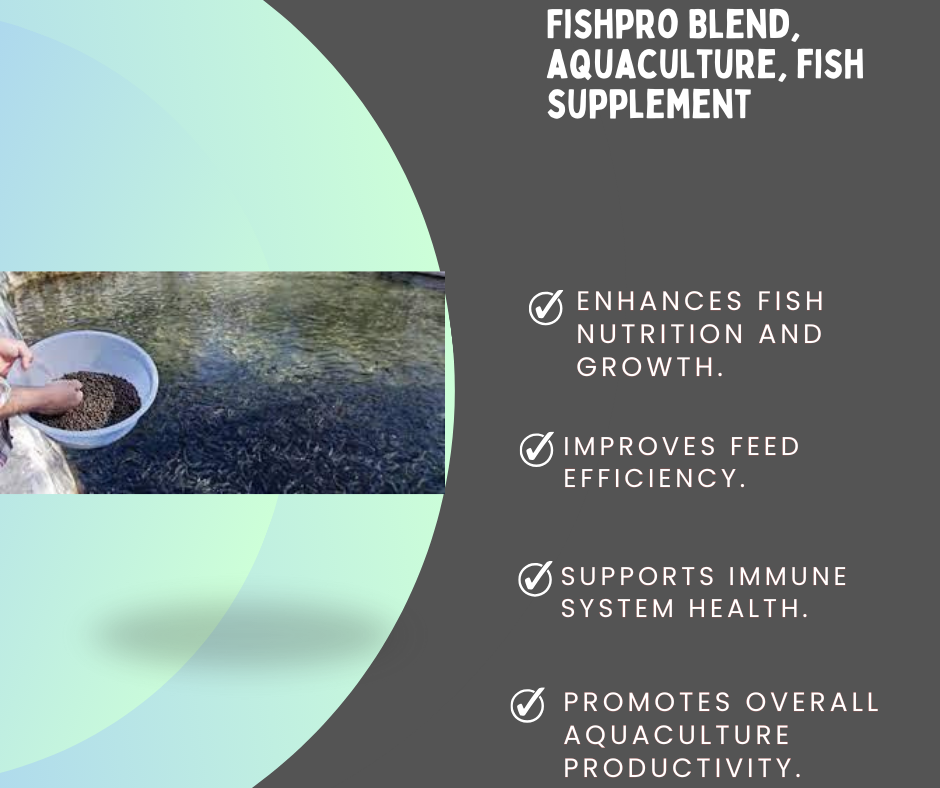 FishPro Blend aquaculture fish supplement benefits with image of feeding fish in pond