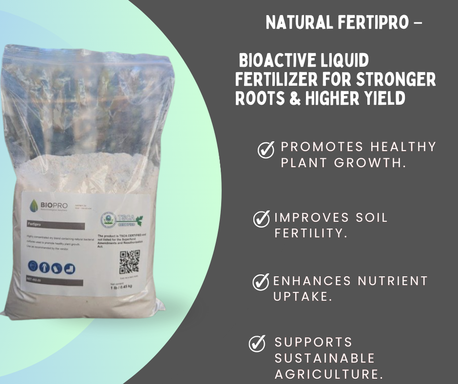 Bag of natural fertilizer with promotional text on a green and gray background