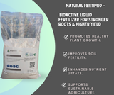 Bag of natural fertilizer with promotional text on a green and gray background
