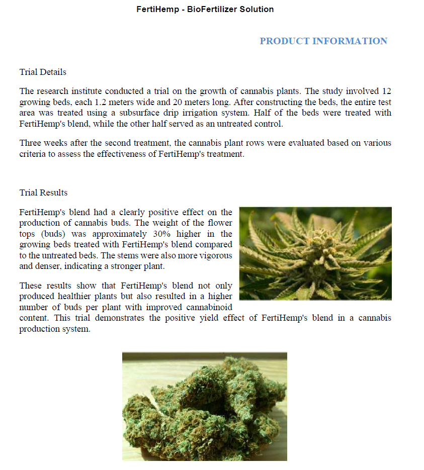 FertiHemp Product information, Biofertilizer Solution, trials details