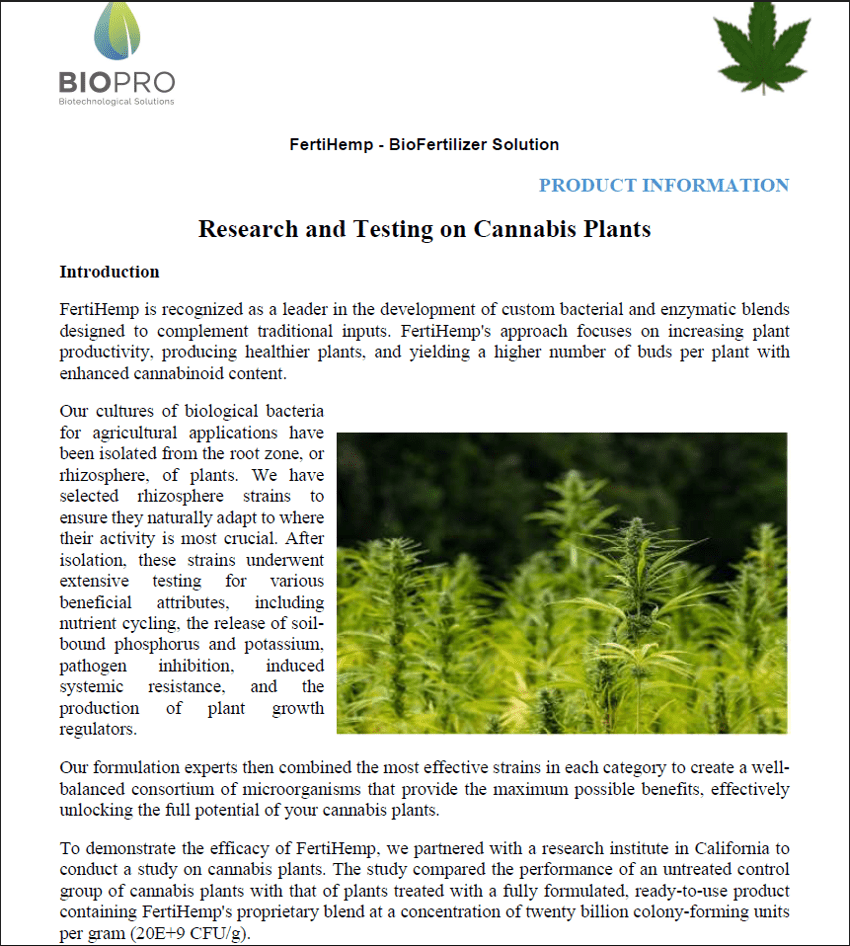 FertiHemp - Bioactive fertilizer for Cannabis Production, Beneficial bacteria to boost yield by up to 30%, Bioactive fertilizer - Biopro Solution